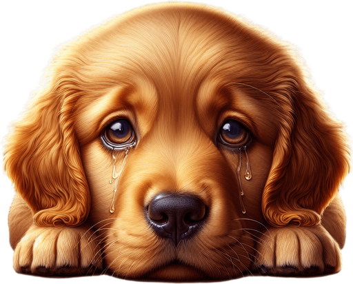 a sad crying golden retriever puppy. lying down. face on front paws. looking at viewer..
Single Game Texture. In-Game asset. 2d. Blank background. High contrast. No shadows.