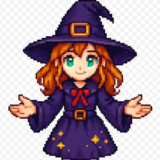 High-quality 2D pixel art of a young witch girl facing forward with her arms open, palms visible. She has vibrant orange hair, fair white skin, and bright green eyes. She is wearing a classic witch outfit: a wide-brimmed witch hat and a matching dress with magical details. The style is detailed 16-bit pixel art, with clean shading and strong contrast. The pose is welcoming or spellcasting, and she is directly facing the viewer. Transparent background..
In-Game asset.  2d.  High contrast.  No shadows