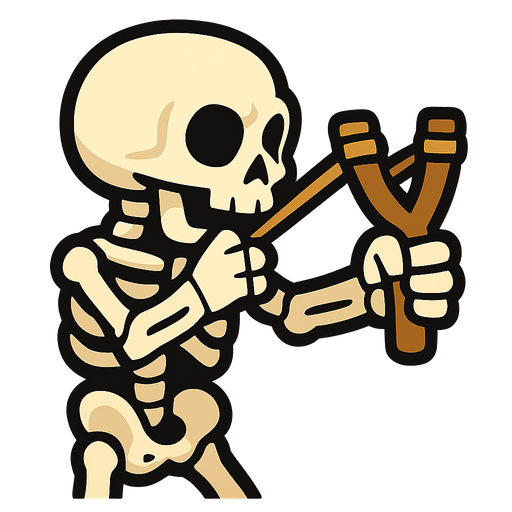 Skeleton facing left with a slingshot.
In-Game asset.  2d.  High contrast.  No shadows
