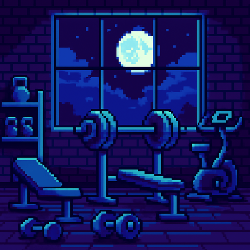 pixel tarzda ay ışığı temalı bir gym salonu çiz.
In-Game asset.  2d.  High contrast.  No shadows. pixel gym salonu