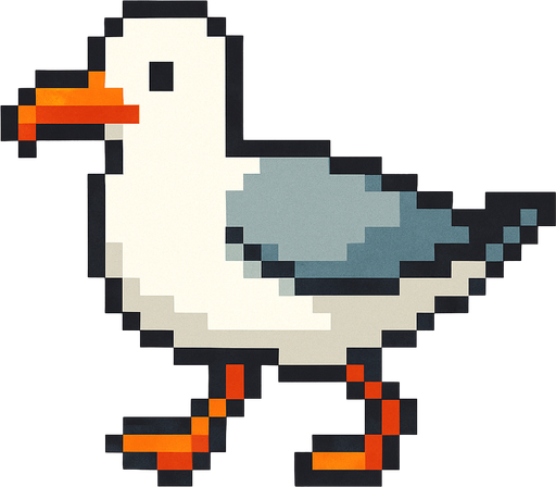 seagull, pixelart, walking down.
In-Game asset.  2d.  High contrast.  No shadows