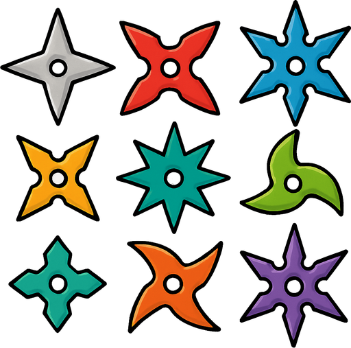 Pack of different ninja star. different color. HD colors.
In-Game asset.  2d.  High contrast.  No shadows