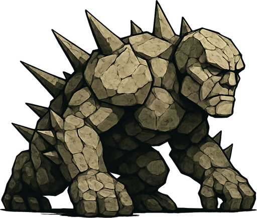 un golem de piedra con puas plano en horizontal en 3d muy realista.
In-Game asset.  2d.  High contrast.  No shadows