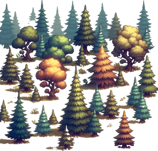 A group of stylized mid-ground trees for a vibrant 2D side-scrolling game. The trees should be clustered together, featuring a mix of pine and deciduous trees with slightly exaggerated shapes and soft shading. The colors should be rich and vibrant, blending well with a semi-realistic fantasy environment. Some trees should have glowing highlights on the edges for a magical effect. The background should be slightly blurred to create depth, with a painterly texture.".
Single Game Texture.  In-Game asset.  2d.  Blank background.  High contrast.  No shadows