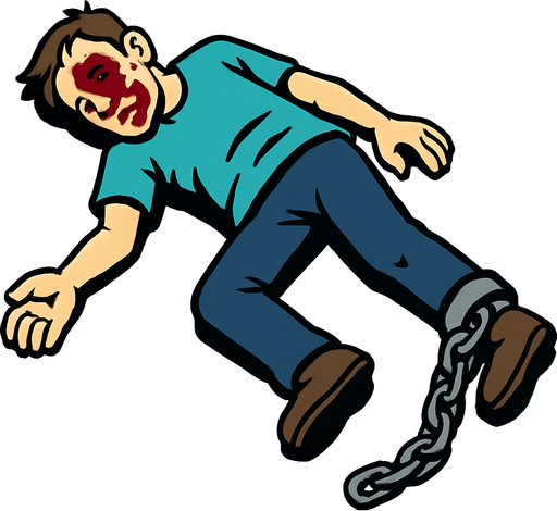 dead body on the ground, a chain on his leg (no ground).
In-Game asset.  High contrast.  No shadows. 3D