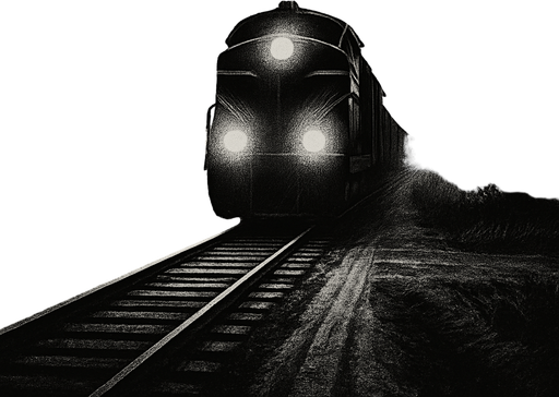 A train is coming down a narrow railway track that cuts through a rural road, surrounded by trees and open fields. It's early morning with light mist, headlights of the train glowing, and a sense of motion as the train approaches..
2d.  High contrast