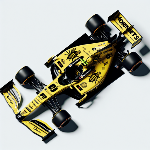 F1 race car from 2001. Yellow body with black sponsors and hornet logos with MasterCard sponsor. TOP VIEW!.
Single Game Texture. In-Game asset. 2d. Blank background. High contrast. No shadows.