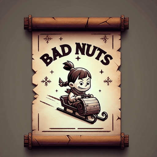 a pergament letter with the name "Bad Nuts". It has a evil looking little girl brat with a ponytail on a sledge on it. vertical. Single Game Texture. In-Game asset. 2d. Blank background. High contrast. No shadows.