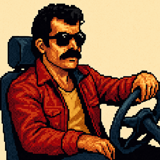 pixel art image of a 34-year-old cool-looking driver guy in a vintage retro 1980s style, Turkish style depicted in a 3/4 view. The driver should be leaning back casually, exuding confidence and style, with one hand on the wheel as if driving. Single Game Texture. In-Game asset. 2d. Blank background. High contrast. No shadows.
