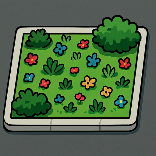 Street block, garden with concrete walkway on the border.
In-Game asset.  2d.  High contrast.  No shadows