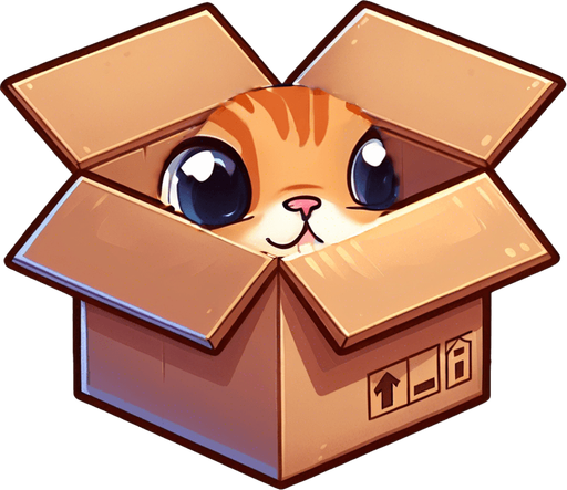 cute Chibi ginger cat look from the box into the camera. Cheeky, happy. Big eyes looking into camera