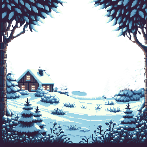 gif pixel art for game background, snow on the ground, houses in the far background and moonligh, trees on the left and right, cozy Christmas atmosphere Single Game Texture. In-Game asset. 2d. Blank background. High contrast. No shadows.