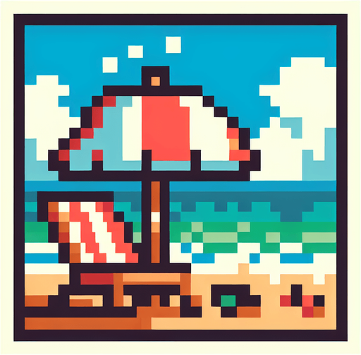 8bit. cartoon. umbrella beach..
Single Game Texture. In-Game asset. 2d. Blank background. High contrast. No shadows.