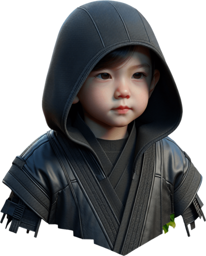 A ninja kid thief, full body, with a dark colored hoodie.
Single Game Texture. In-Game asset. 2d. Blank background. High contrast. No shadows.