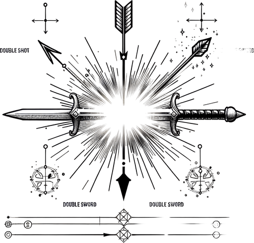 A arrow and sword splitting into a double arrow and double sword signifying a extra shot/sword..
Single Game Texture.  In-Game asset.  2d.  Blank background.  High contrast.  No shadows