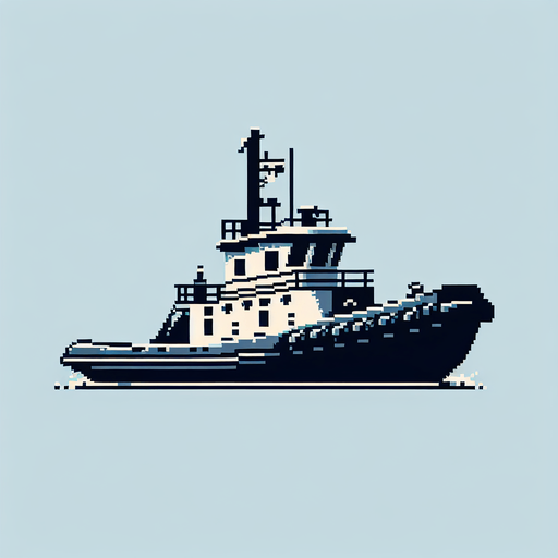 8-bit silhouette of tugboat.
Single Game Texture. In-Game asset. 2d. Blank background. High contrast. No shadows.