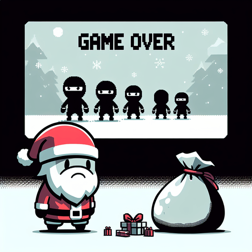 A game over screen for the game "Snowball Santa". Santa is very sad because all the presents has been stolen from ninja kids.
Single Game Texture. In-Game asset. 2d. Blank background. High contrast. No shadows.