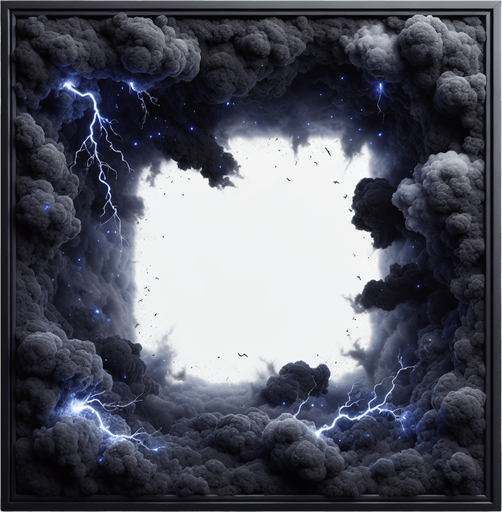 frame made of dark clouds, some blue sparks, it fill the complete screen, in the center is white only, on white background