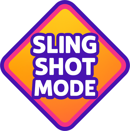 Diamond shaped colourful button that says sling shot mode.
In-Game asset.  2d.  High contrast.  No shadows