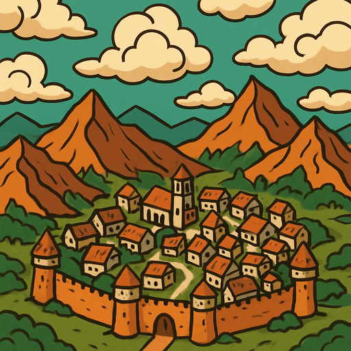 Üstten görünen bulutlu bir hava va aşağıda dağlar ve orta çağ kasabası.
In-Game asset.  2d.  High contrast.  No shadows