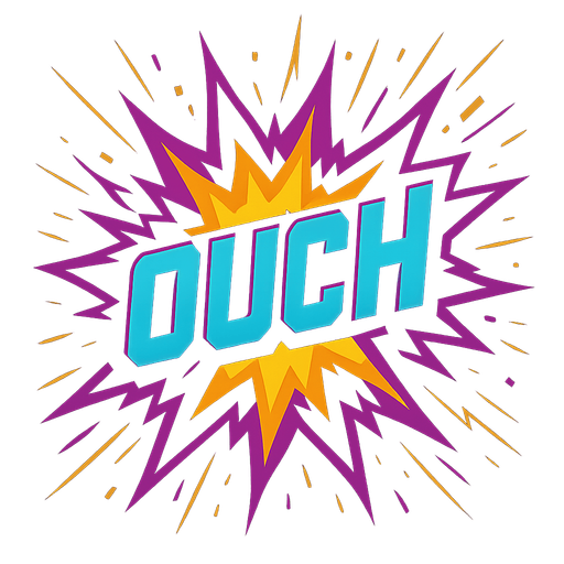 cyberpunk explosion with the word "ouch" in the middle. sparks.
In-Game asset.  2d.  High contrast.  No shadows