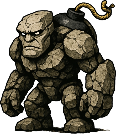 un golem de piedra ultra realista con una bomba en la espalda.
In-Game asset.  2d.  High contrast.  No shadows