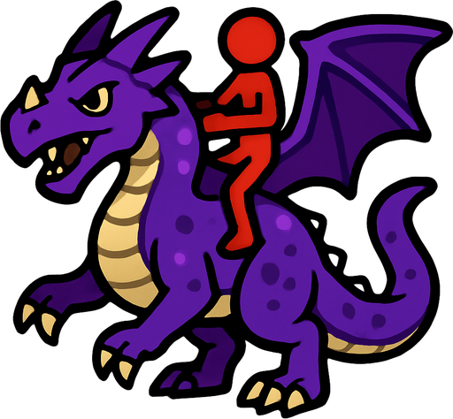 Purple dragon with a red stickman riding it.
In-Game asset.  2d.  High contrast.  No shadows
