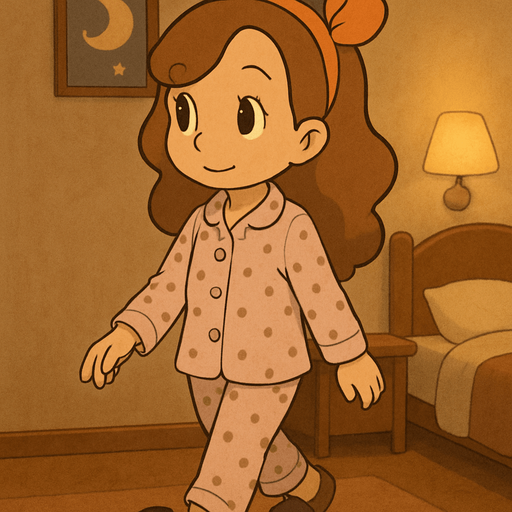 This girl in her pyjamas in her  bedroom going to sleep