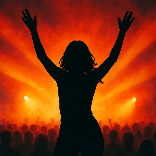 Dancing woman with hands up dark siluette on a concert, front view