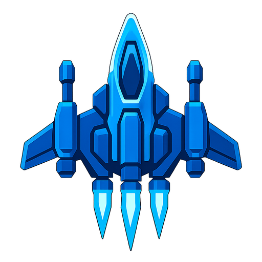 A player's spaceship in a topdown shooter (mainly blue in colour).
In-Game asset.  2d.  High contrast.  No shadows
