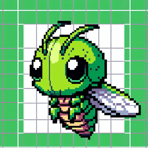 chibi 8 bit image green hopper insect anime protagonist.
Single Game Texture.  In-Game asset.  2d.  Blank background.  High contrast.  No shadows