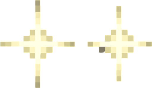 High-quality 2D pixel art of two small sparkle effects side by side with a small gap between them. Each sparkle is star-shaped or cross-shaped, emitting a soft glow in white or pale yellow tones. The sparkles are symmetrical and minimal, designed for UI highlights, magical effects, or item glimmers. The pixel art style is clean and detailed, in 16-bit fantasy aesthetic. Transparent background.".
In-Game asset.  2d.  High contrast.  No shadows