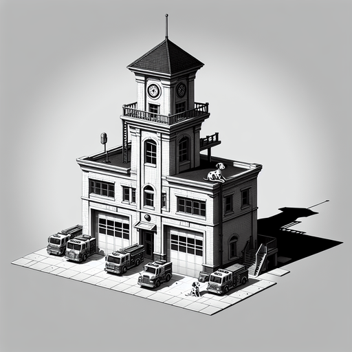 firestation.
Single Game Texture.  In-Game asset.  2d.  Blank background.  High contrast.  No shadows