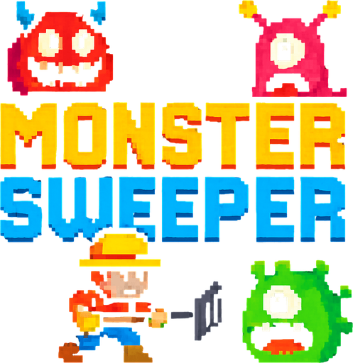 Retro pixel style from arcade. Title that reads: Monster Sweeper.
In-Game asset.  2d.  High contrast.  No shadows