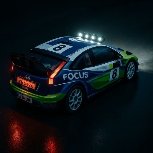 Photorealistic Ford Focus RS WRC 2008 Rallycar in nightlight, drone topview from back and 45 degrees angle in top right corner
