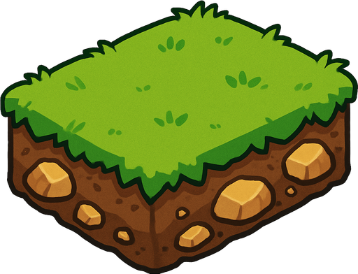 Cesped en forma de rectangulo como con el pasto arriba tierra y algunas rocas irregulares.
In-Game asset.  2d.  High contrast.  No shadows