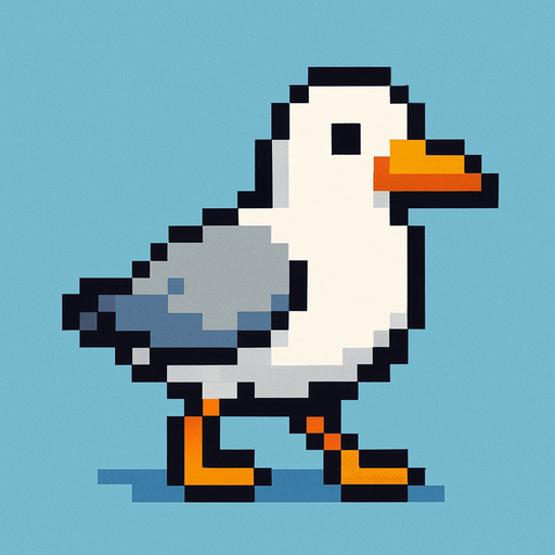 seagull, pixelart, walking down.
In-Game asset.  2d.  High contrast.  No shadows