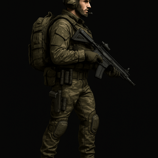 Komando, yazısız, gerçekçi, yandan görünüm, bütün vücudu görünsün.
In-Game asset.  High contrast.  No shadows