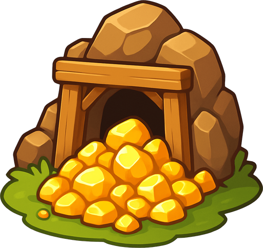 Crea un nodo de recurso de Mina de Oro en un estilo 2D renderizado, limpio y cartoonish, con contornos claros y definidos, colores vibrantes con transiciones suaves, y sombreado que dé volumen. Debe ser fácilmente reconocible como una fuente de oro..
In-Game asset.  2d.  High contrast.  No shadows