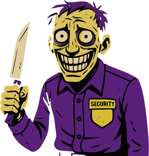 a madman wearing a purple security suit. He looks frightening, you can tell he's crazy by the glazed look in his eyes. he's just smiling with a knife in his hand, but in the glazed look in his eyes there's a little cry for help.
In-Game asset.  2d.  High contrast.  No shadows