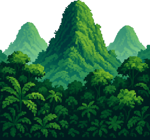 Generame una montañas de selva pixelar en fondo blanco, cercanas.
In-Game asset.  2d.  High contrast.  No shadows