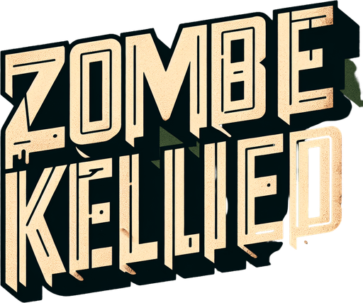 A bold, uppercase text displaying 'Zombie Killed' in a vintage sports-style font. The letters are thick, blocky, and have a three-dimensional effect with a dark outline. The text is off-white with a slightly aged and worn texture. The background is deep green, providing a strong contrast. The text is displayed horizontally, maintaining a structured and professional look. The font has sharp, angular edges, resembling varsity or athletic lettering commonly seen on sports jerseys or scoreboards..
Single Game Texture.  In-Game asset.  2d.  Blank background.  High contrast.  No shadows