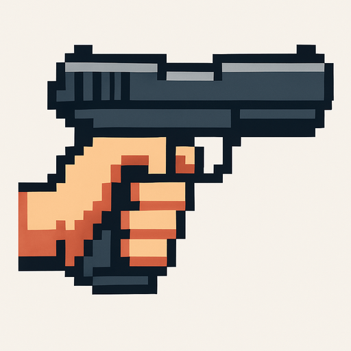 un puño agarrando un arma hecho con pixeles y de perspectiva lateral.
In-Game asset.  2d.  High contrast.  No shadows