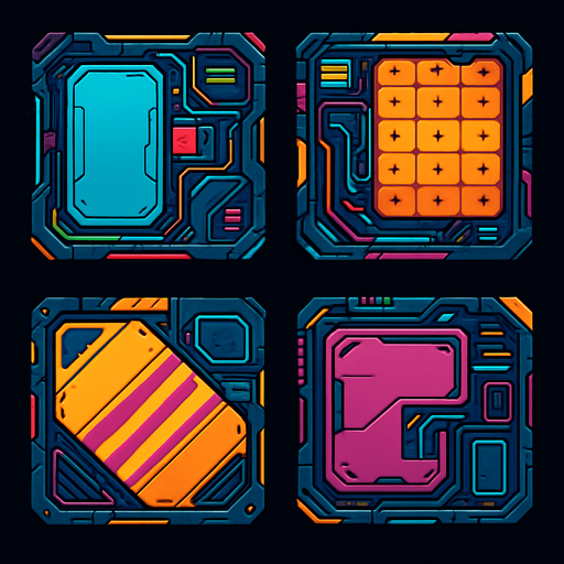 Futuer complicated floors. Cyberpunk. Abstract. separated. Different colors. HD colors.
In-Game asset.  2d.  High contrast.  No shadows