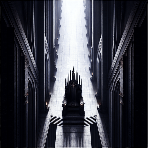 Background seen from above showing the long vertical black throne room hallway of the dark wizard king..
Single Game Texture. In-Game asset. 2d. Blank background. High contrast. No shadows.