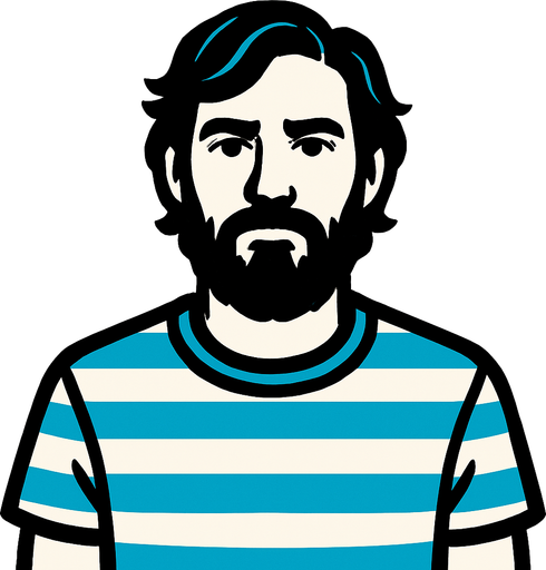 Un tipo con barba y pelo mediano que tenga una camiseta con rayas blancas y celestes.
In-Game asset.  High contrast.  No shadows. 2d