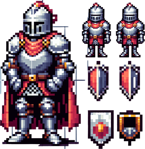 A pixelated 2D knight character sprite viewed from directly above, wearing silver armor and a red cape. The character is simplified to basic shapes - a circular body with rectangular shoulder plates. The cape extends behind the character. Clean pixel art style with no shading, designed for top-down gameplay..
Single Game Texture. Top-down view. Pixel art. Game character sprite. 32x32 pixels. Transparent background. 2D game asset. Clean edges. No anti-aliasing. High contrast colors. Character centered.