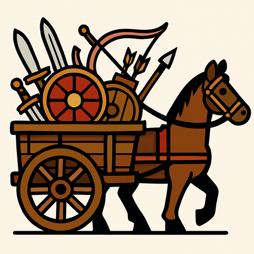 Kılıç kalkan ok yay gibi savaş malzemeleri taşıyan at arabası.
In-Game asset.  2d.  High contrast.  No shadows