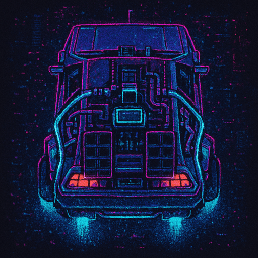 DeLorean hover car, seen from behind
Neon-lit, cyberpunk city aesthetic. Glowing accents and retro-futuristic mods. Top-down view, GTA2 style. Single Game Texture. In-game asset. 2D pixel art. Transparent background. High contrast. No shadows. Isometric perspective. Synthwave vibe with flickering lights and digital noise textures.