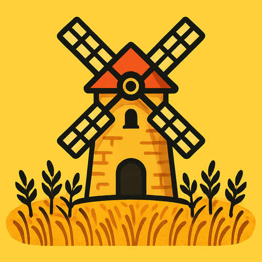 טחנת דגן בלב שדה חיטה עם רקע צהוב.
In-Game asset.  2d.  High contrast.  No shadows